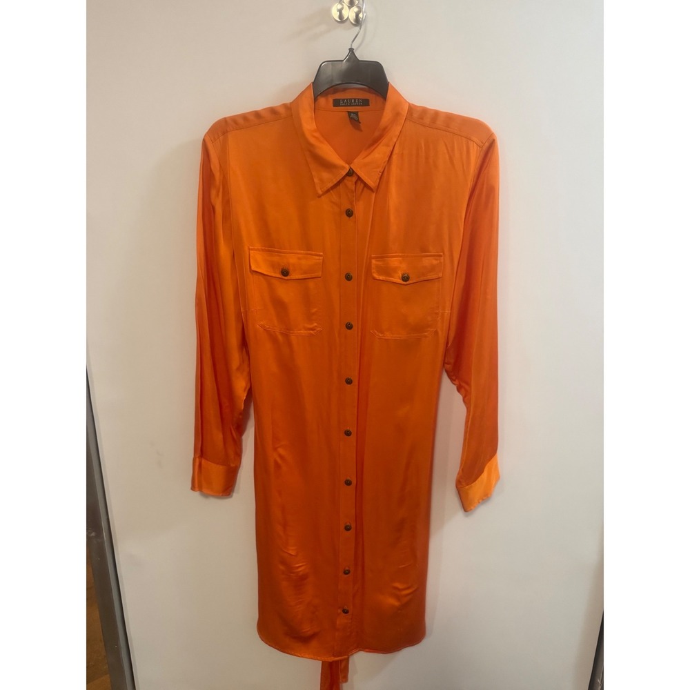 Lauren Ralph Lauren Orange Viscose Satin Button Front Shirt Dress Plus Size 18W